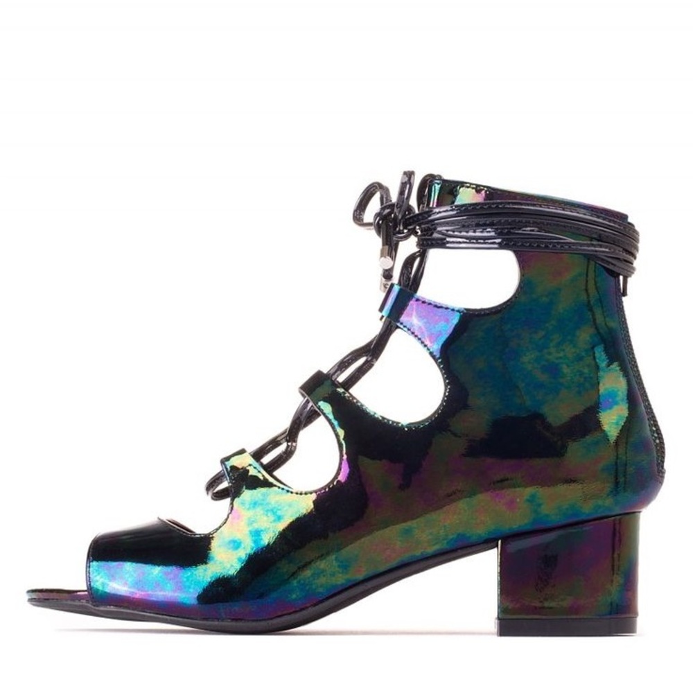 Jeffrey Campbell Retro Black Patent Iridescent lace up bootie 8.5